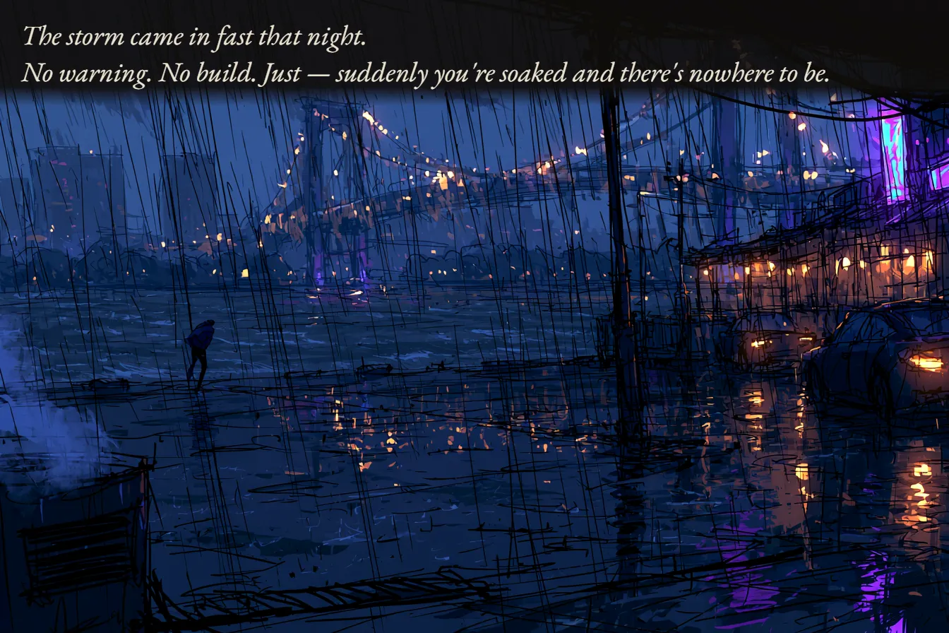The storm came in fast that night. No warning. No build. Just — suddenly you're soaked and there's nowhere to be.