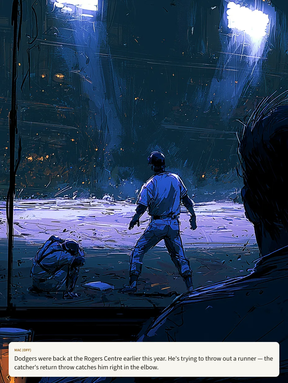 Dodgers were back at the Rogers Centre earlier this year. He's trying to throw out a runner — the catcher's return throw