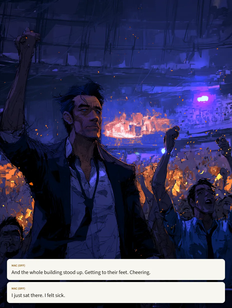 And the whole building stood up. Getting to their feet. Cheering. I just sat there. I felt sick.